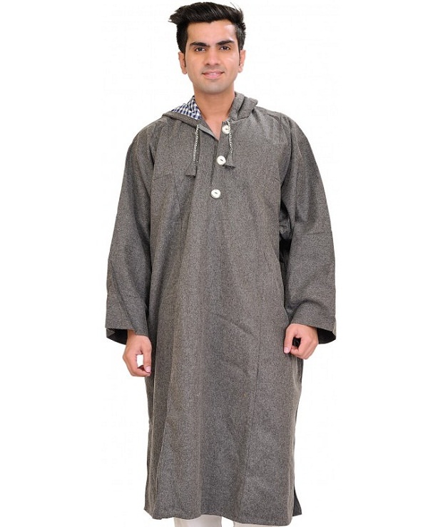 gray pure wool phiran from indian state jammu & kashmir with hood