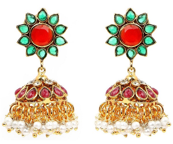 rajasthani multi stone gold plated jhumka earrings