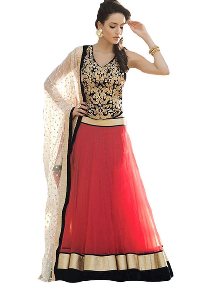 orange embroidered net lehenga