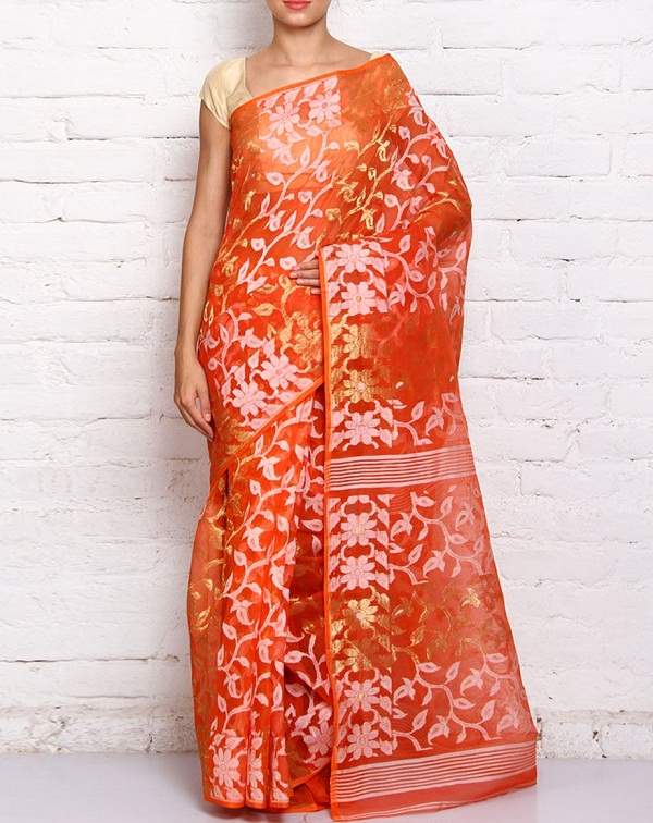 orange jamdani cotton silk saree of west bengal