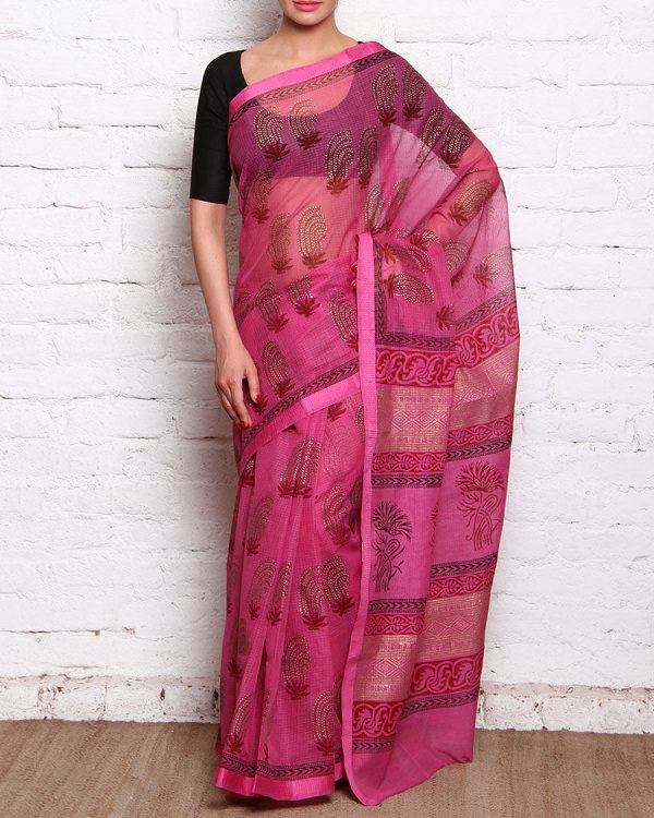 pink hand block printed rajasthani kota doria saree