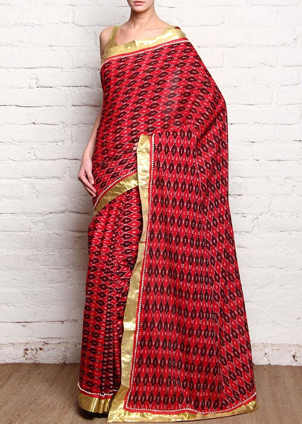 red & brown ikat cotton silk saree
