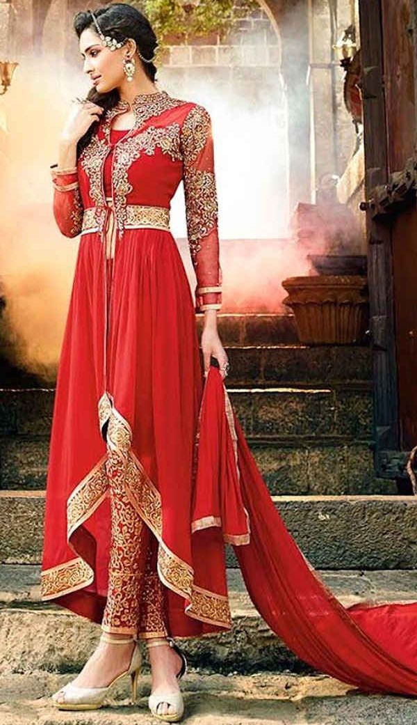 red embroidered high low anarkali auit