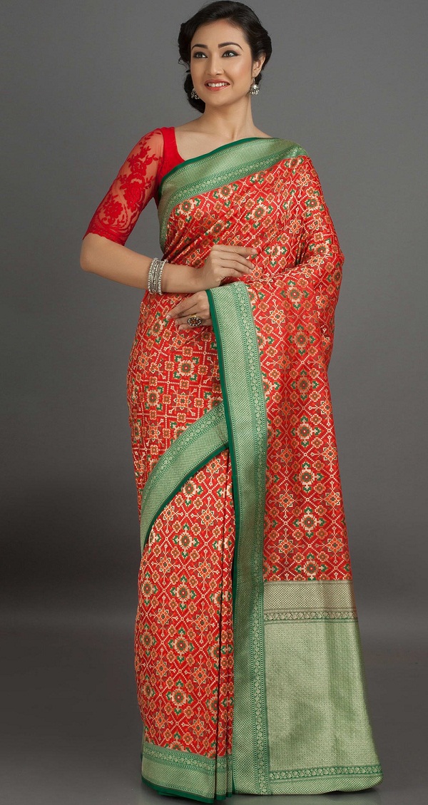 red green rangoli pattern patola silk saree