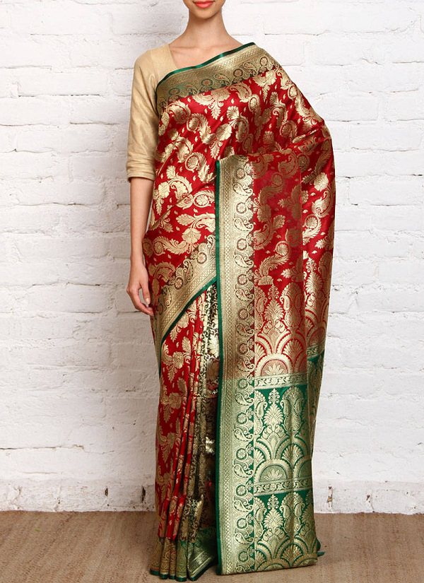 red & green banarasi silk printed brocade saree of uttar pradesh, dresses of indian states chart 