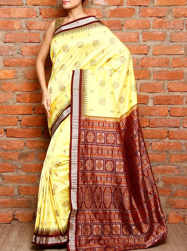 yellow & maroon sambalpuri silk woven saree