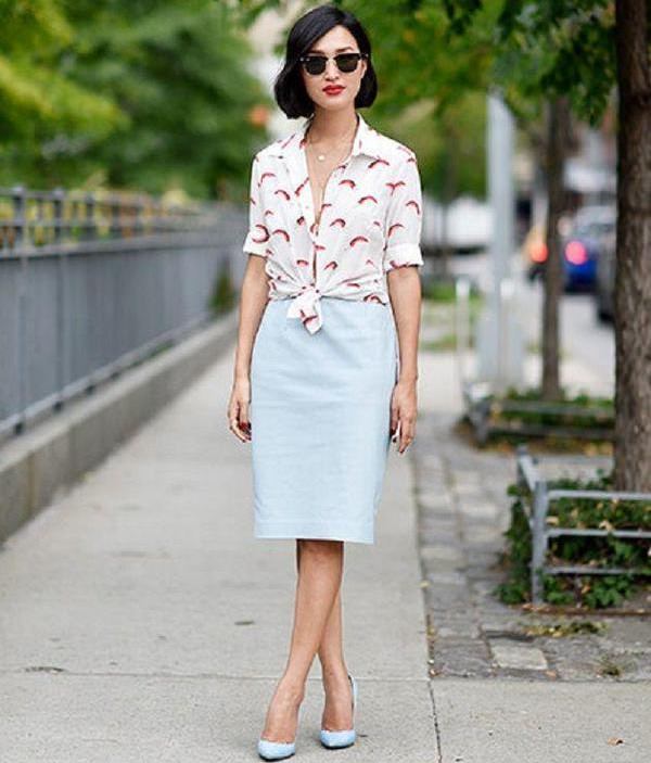 button down shirt with a tube skirt