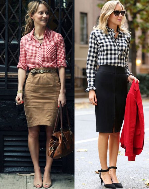 gingham shirt with pencil skirt