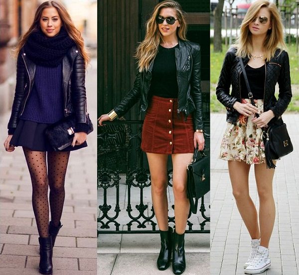 mini skirt with leather jacket