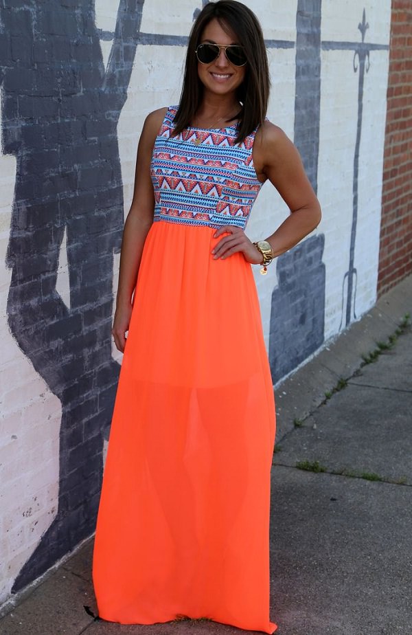 neon maxi skirt with aztec print top