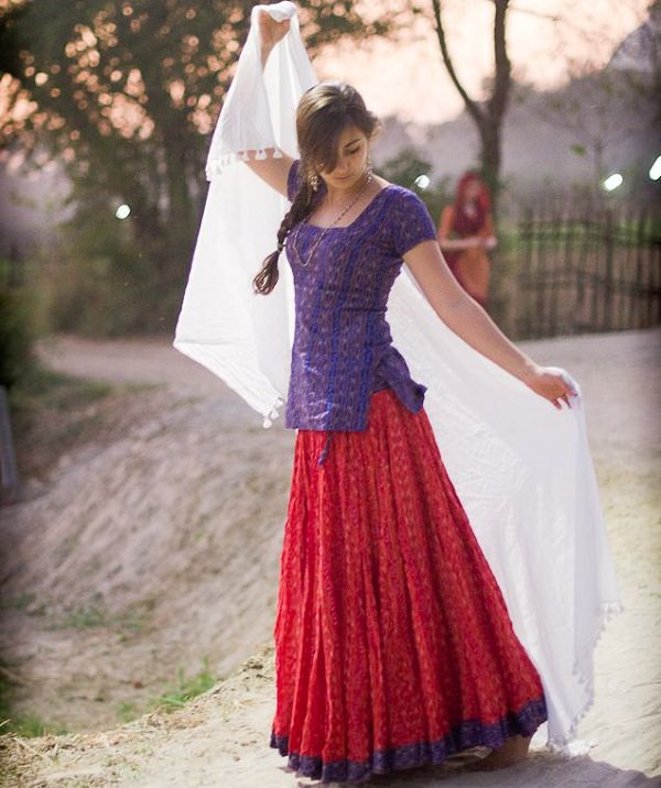 short kurta with ethnic skirt