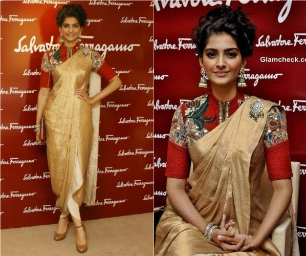 Sonam Kapoor in Chic Zip Front Blouse with golden saree