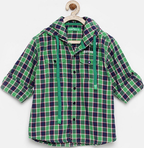 palm tree green checked hooded shirt