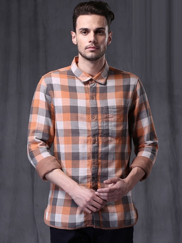 wrogn gray orange checks reversible casual shirt