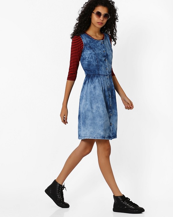 denim dress with striped tee