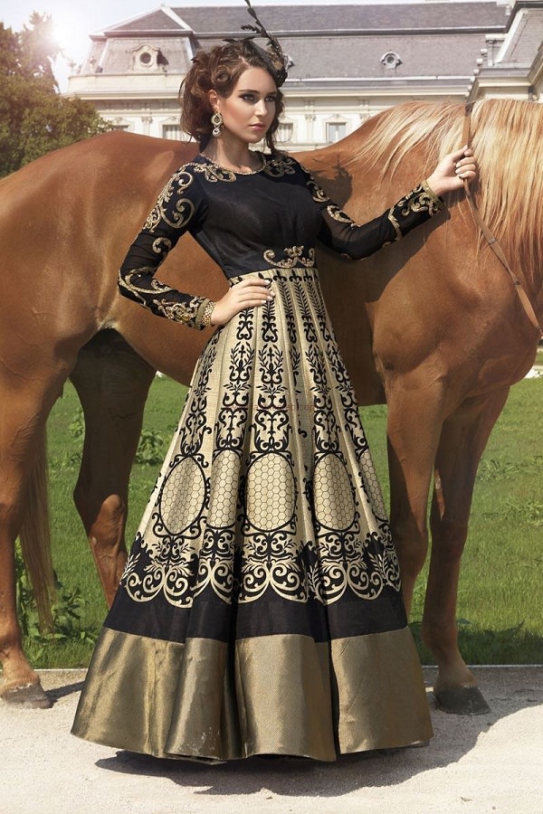  Black & Cream Bahgalpuri Silk Printed Frock Style Anarkali Salwar Suit