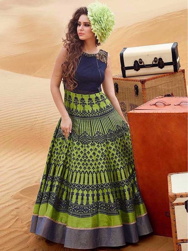  Designer Green Cotton Printed Partywear Long Anarkali Salwar Suit