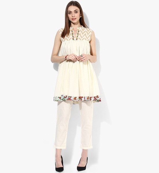 Sangria Off White Color Short And Flared Printed Frock Style Suit