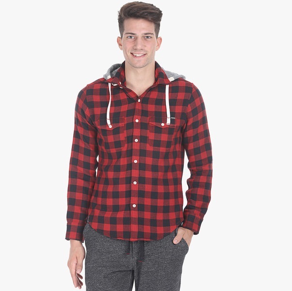 zobello green checked regular fit casual shirt with hood behind