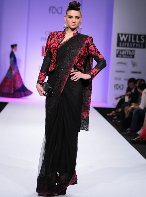 black-and-red-saree-with-jacket-trench-coat