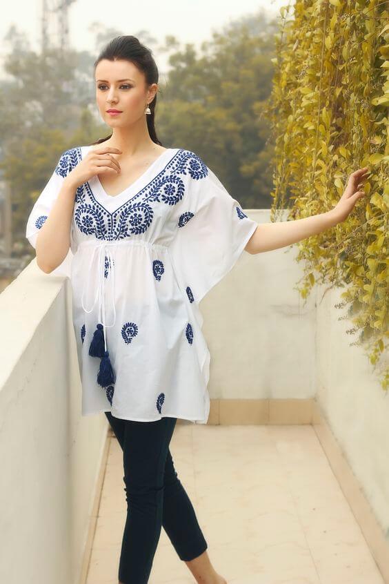 embroidered kaftan style kurti with jeans