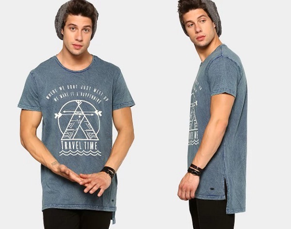 Abof Men Blue Printed Regular Fit Longline T-shirt