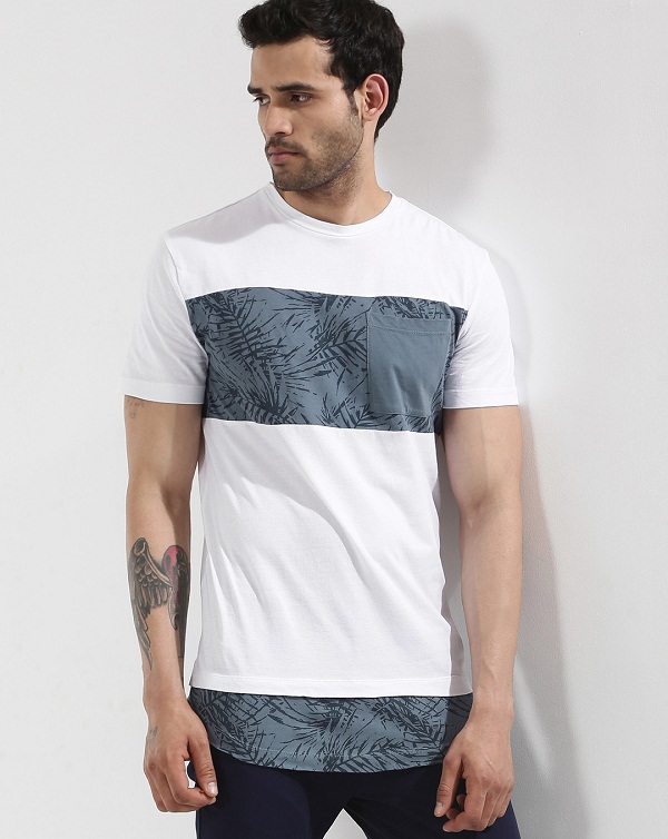 Koovs Cut and Sew Tropical Print Pocket T-shirt