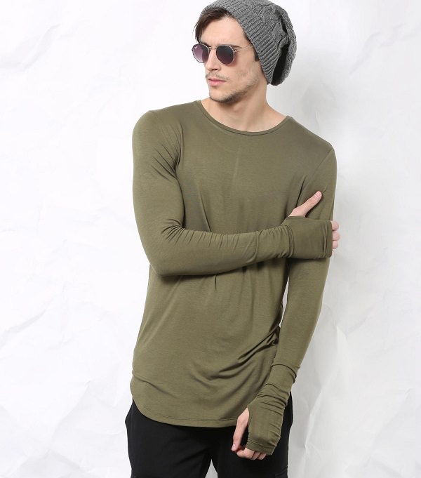 Buy Skult Olive Longline Cotton Solid Thumbhole Tee online from abof