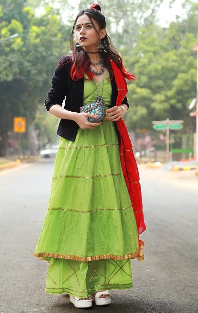 create the fusion like fashion pro by pairing anarkali suit with jacket