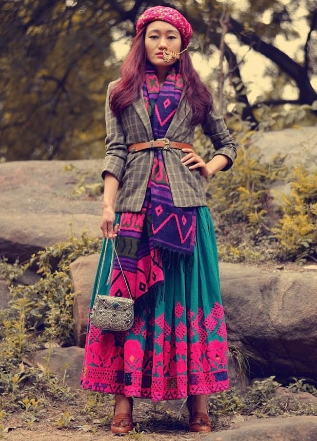 create the fusion like fashion pro by pairing ethnic skirt with stole, blazer & belt