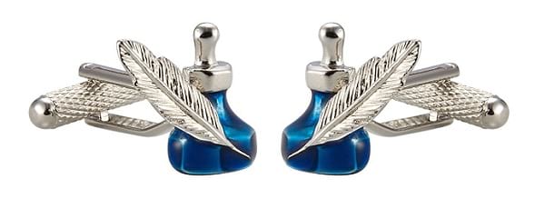 Knighthood Silver and Blue Ink Pot & Feather Shaped Cufflinks