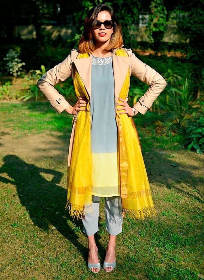 create the fusion like fashion pro by pairing kurti with trouser, trench coat & dupatta