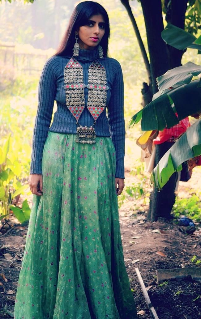 create the fusion like fashion pro by pairing lehenga with turtle neck sweater