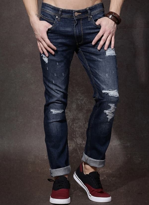 roadster blue cotton ripped mid rise slim fit jeans