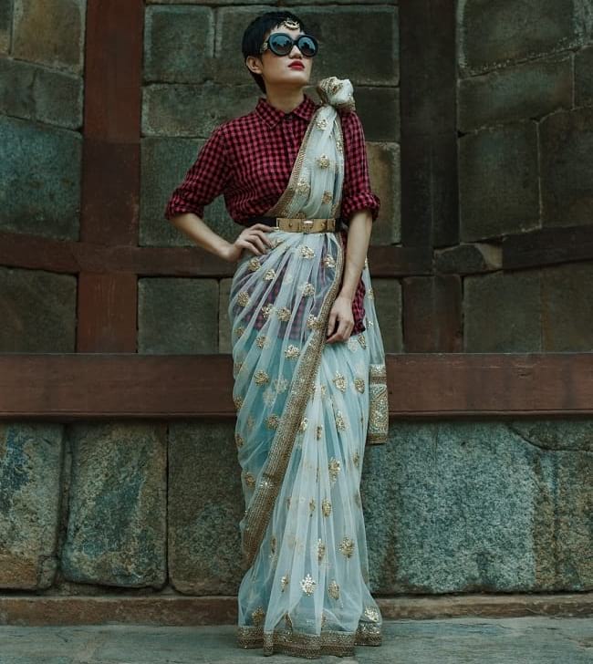 create the fusion like fashion pro by pairing saree with checkered shirt and belt