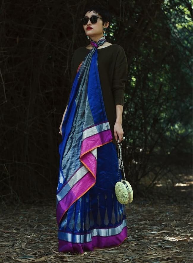 create the fusion like fashion pro by pairing saree with pullover