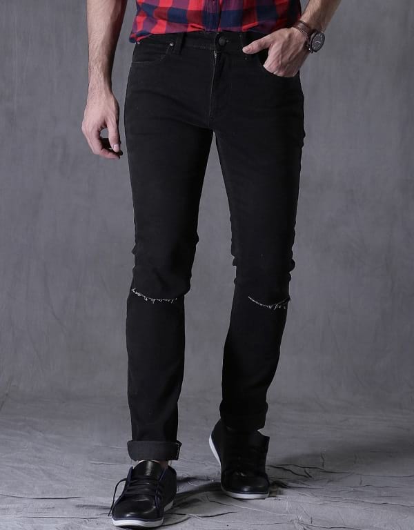 wrogn black slim fit mid-rise slash knee jeans