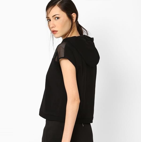 ajio black panelled crop top with hood tops with hood, popular top types