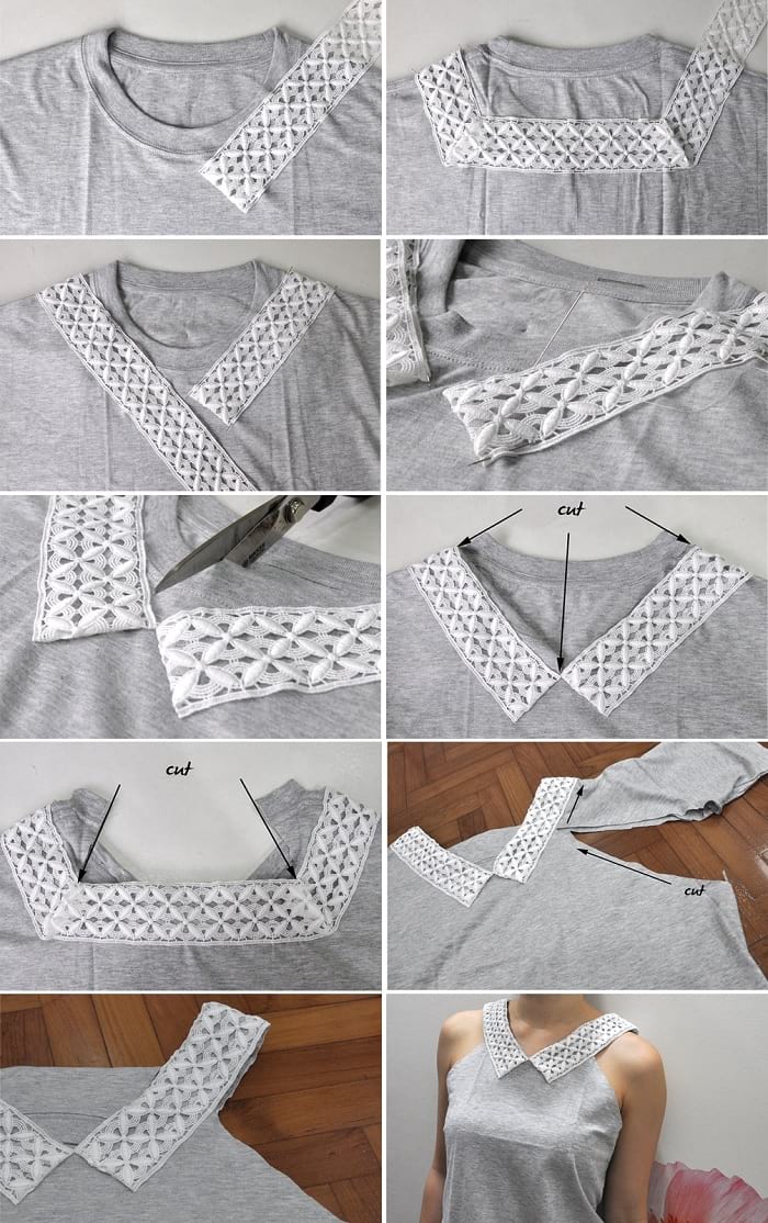 diy lace t-shirt, lace fabric ideas, crafts with lace ribbon