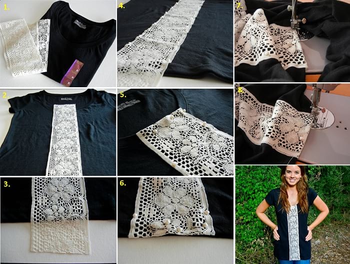 t-shirt refashion ideas, lace fabric ideas
