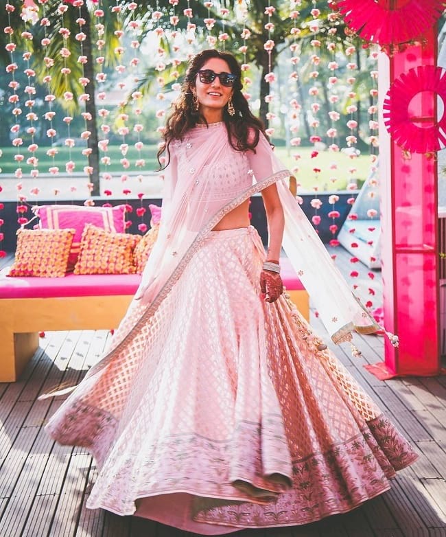 Light Pink Printed Silk Designer Lehenga Online 