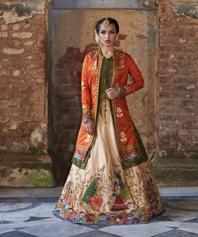 Cream & Orange Jacket Style Modern Lehenga Choli