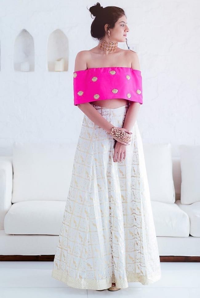 White & Pink Combination With Foil Printed Wedding Lehenga