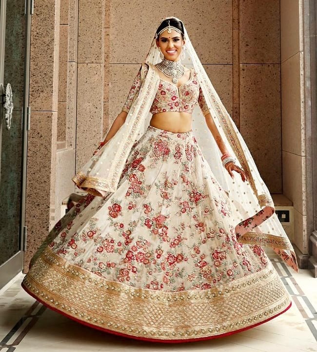 Cream Net Flower Embroidered & Lace Work honored Combination For Look Perfect Bridal Lehengas