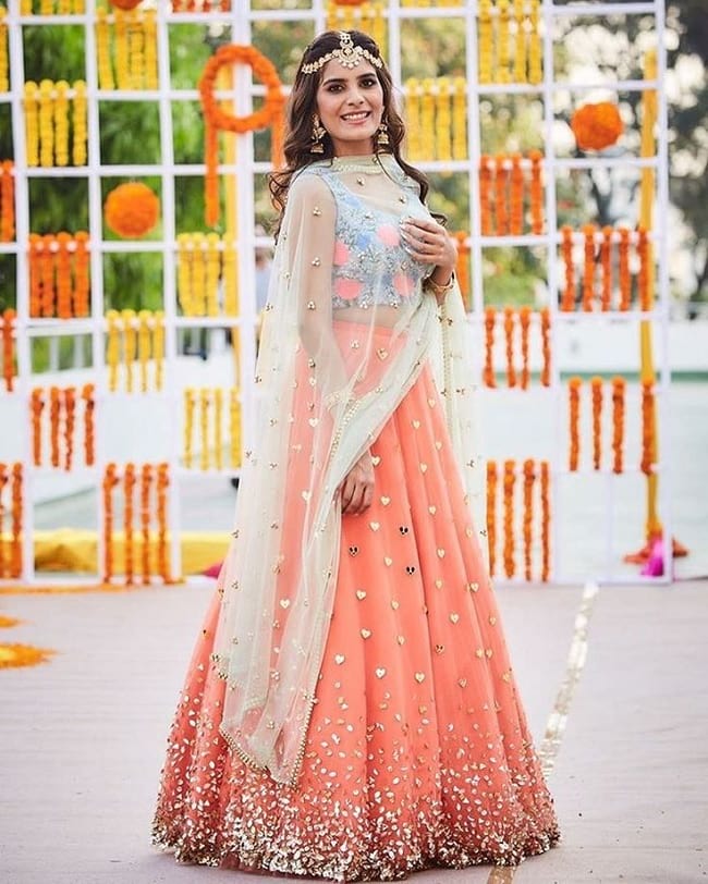 Light Orange Net Heart Shape Studded Modern And Beautiful Lehenga