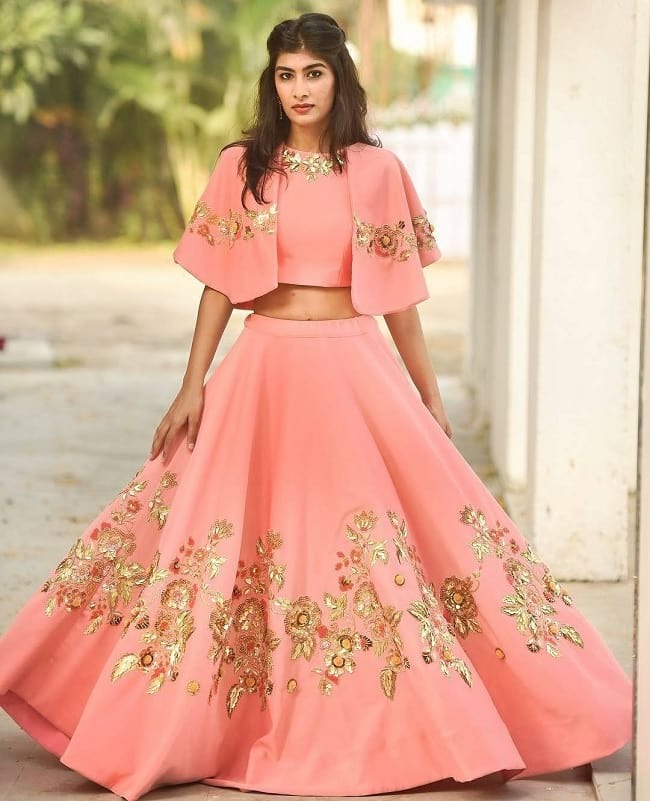 Peach Cotton Silk Embroidered Indo Western Stylish & Cool Look Elaborate designs Lehengas