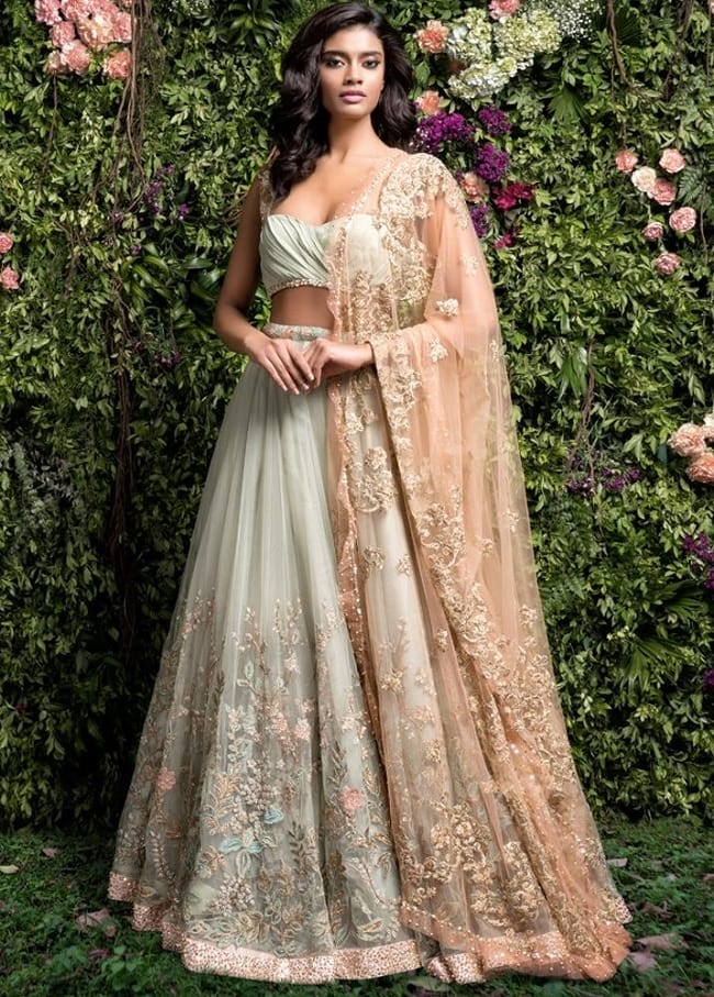 Mint Net & Silk Flower Embroidered Lace Work High Fashion Bridal Lehenga Choli 