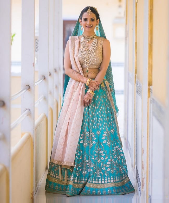 Blue & Pink Silk Lace Work Sangit Function Lehengas For Bridal