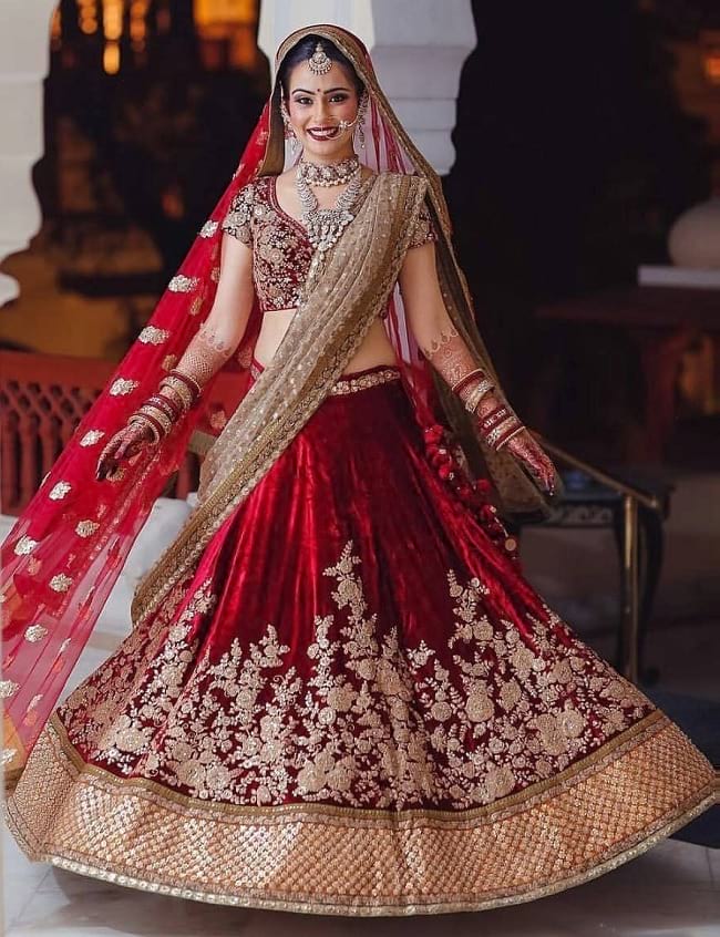 Red & Brown Net & Velvet glittering and shimmering Work Bridal Lehegas For Perfect Bridal