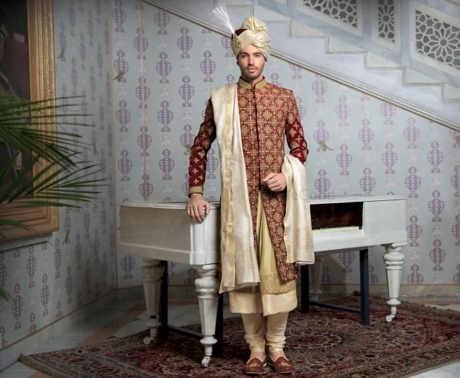 Maroon Wedding Sherwani, Anarkali Styler Wedding Sherwani